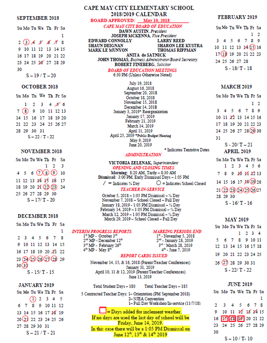 18-19 school calendar